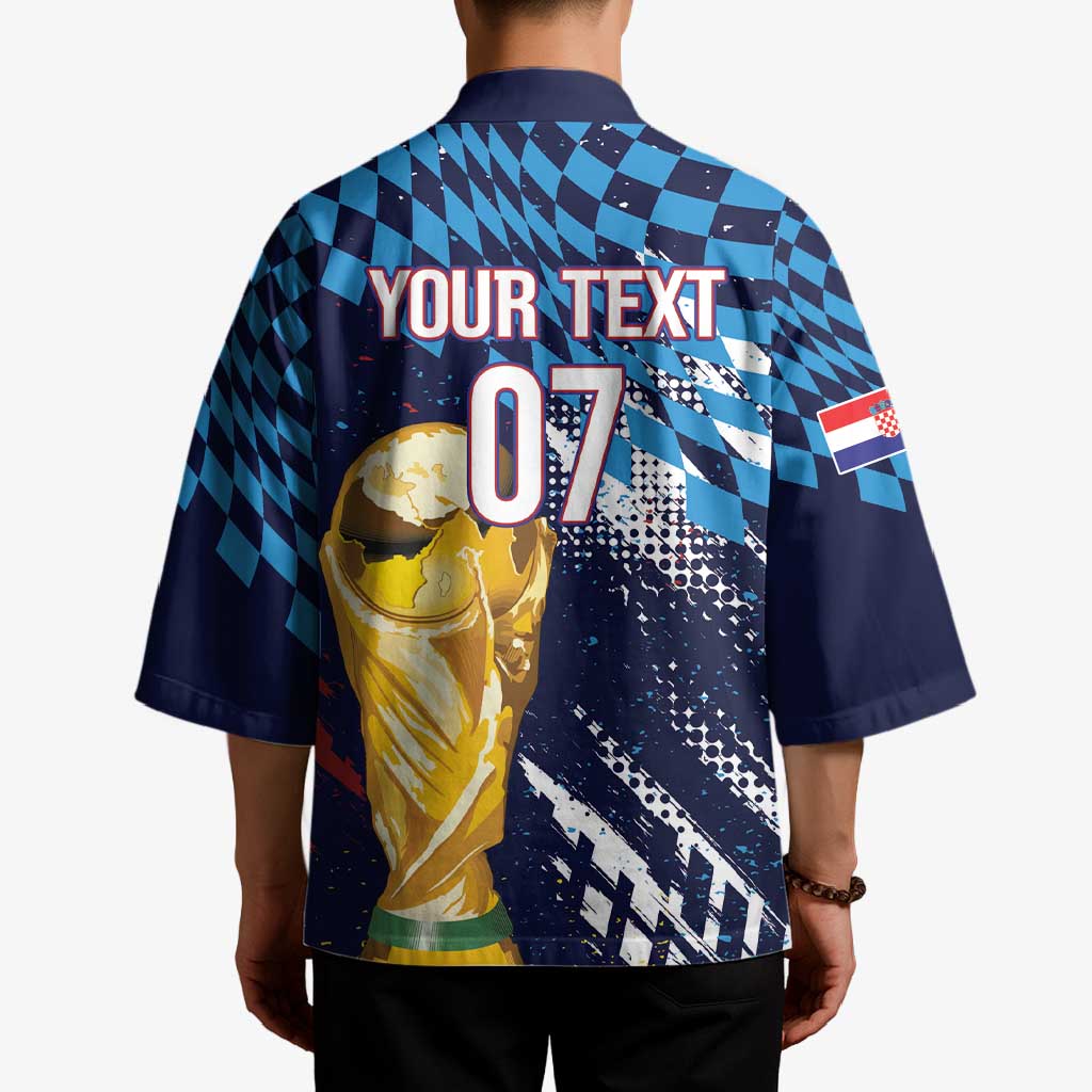 Croatia Football Custom WC2026 Blue Kimono Hrvatska Grunge Checkerboard - Wonder Print Shop