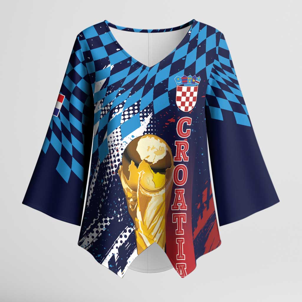 Croatia Football Custom WC2026 Blue Kimono Sleeve Blouse Hrvatska Grunge Checkerboard - Wonder Print Shop
