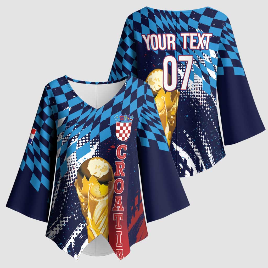 Croatia Football Custom WC2026 Blue Kimono Sleeve Blouse Hrvatska Grunge Checkerboard - Wonder Print Shop