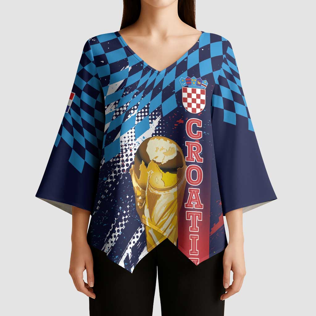 Croatia Football Custom WC2026 Blue Kimono Sleeve Blouse Hrvatska Grunge Checkerboard - Wonder Print Shop