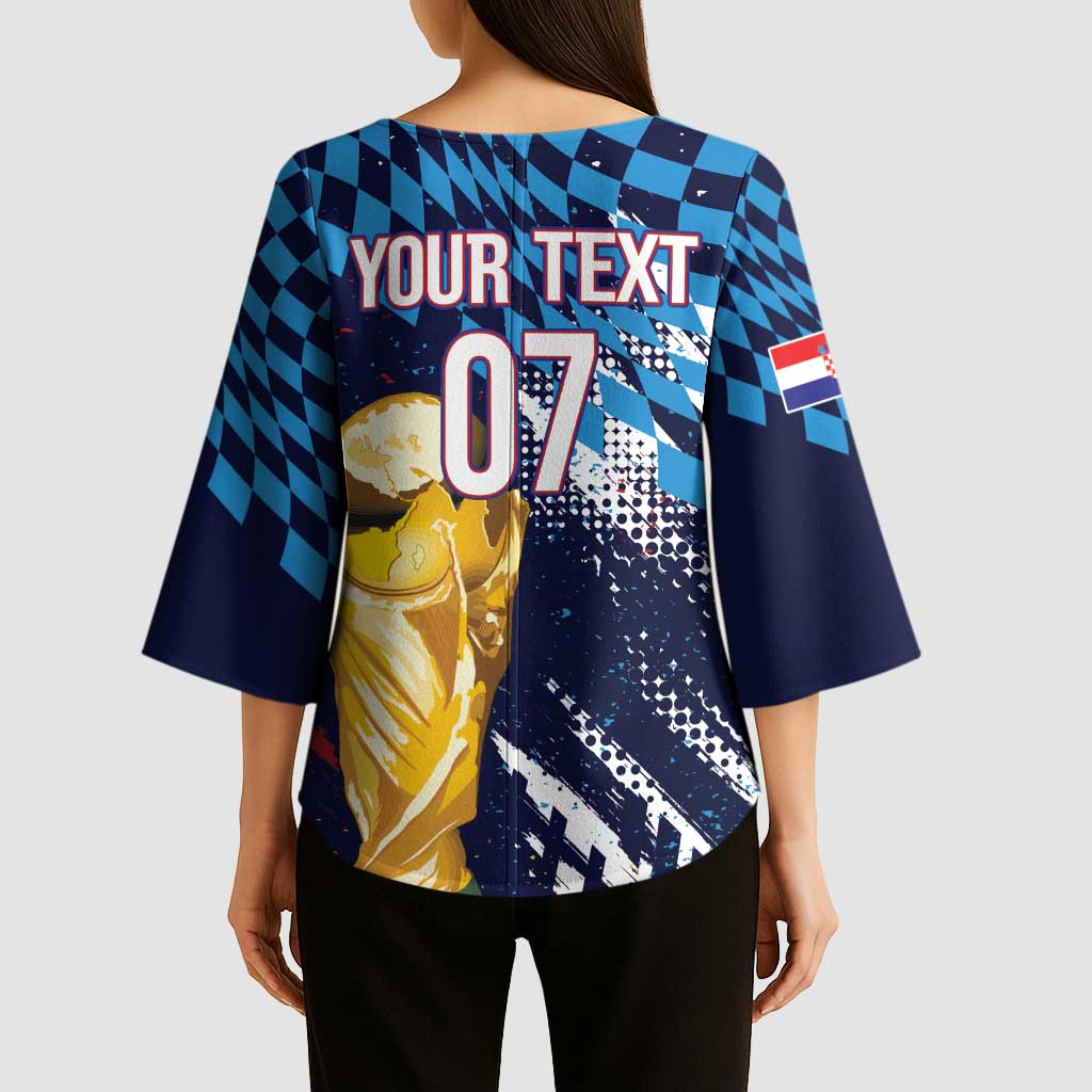 Croatia Football Custom WC2026 Blue Kimono Sleeve Blouse Hrvatska Grunge Checkerboard - Wonder Print Shop