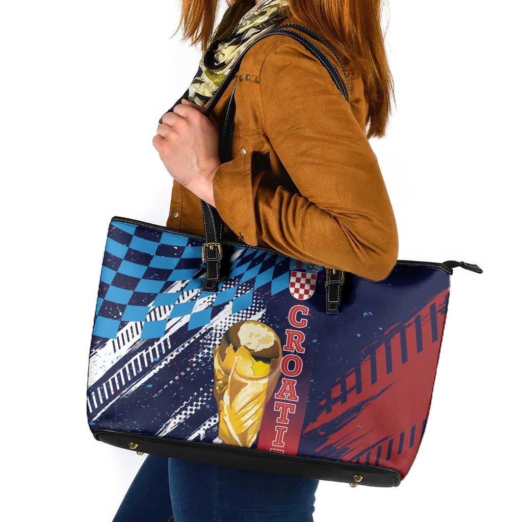 Croatia Football WC2026 Blue Leather Tote Bag Hrvatska Grunge Checkerboard - Wonder Print Shop