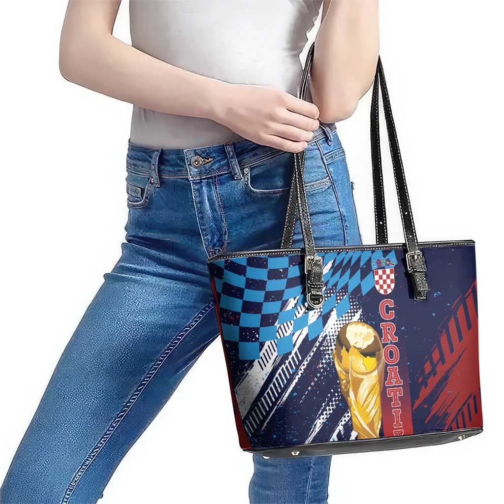 Croatia Football WC2026 Blue Leather Tote Bag Hrvatska Grunge Checkerboard - Wonder Print Shop