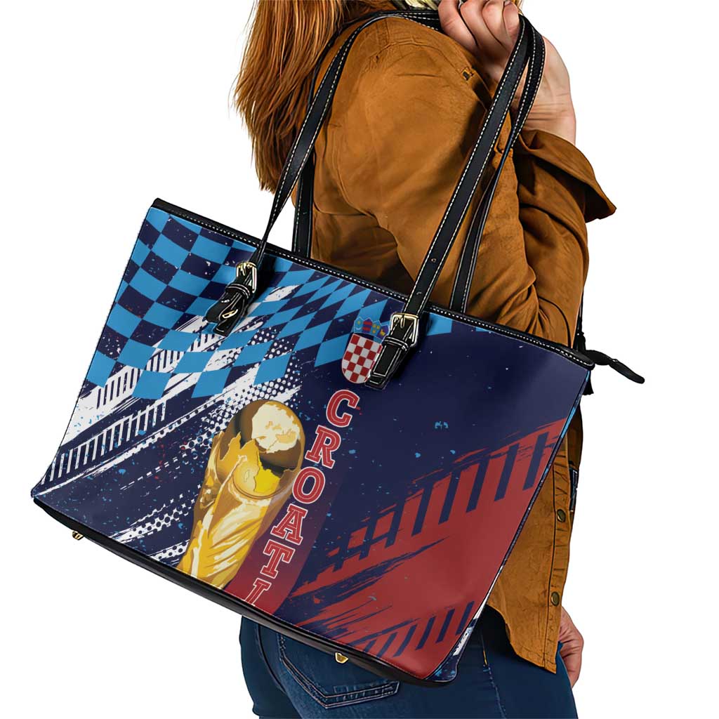 Croatia Football WC2026 Blue Leather Tote Bag Hrvatska Grunge Checkerboard - Wonder Print Shop