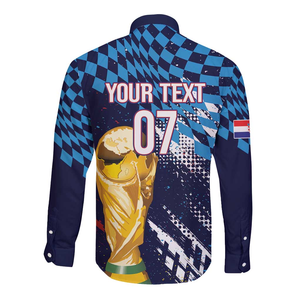 Croatia Football Custom WC2026 Blue Long Sleeve Button Shirt Hrvatska Grunge Checkerboard - Wonder Print Shop