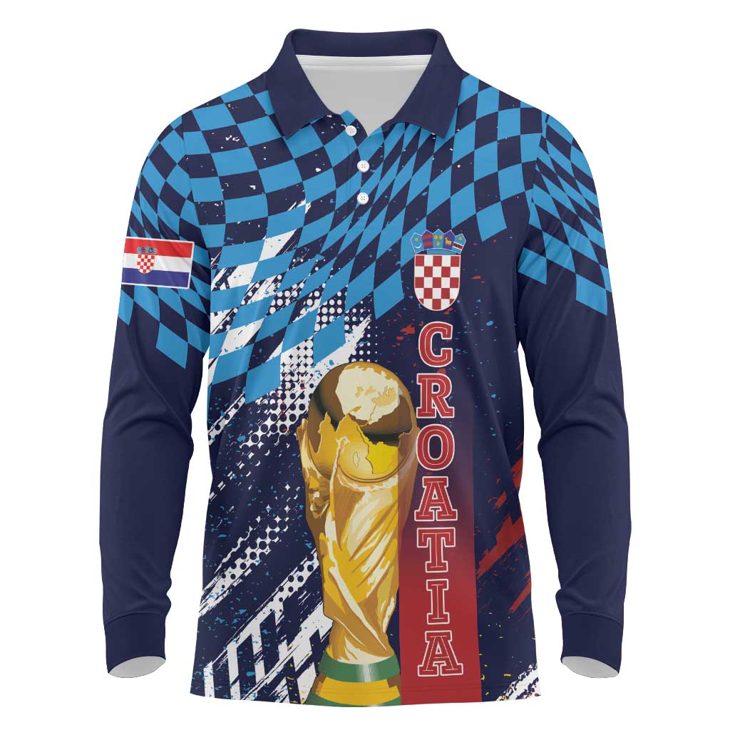 Croatia Football Custom WC2026 Blue Long Sleeve Polo Shirt Hrvatska Grunge Checkerboard - Wonder Print Shop