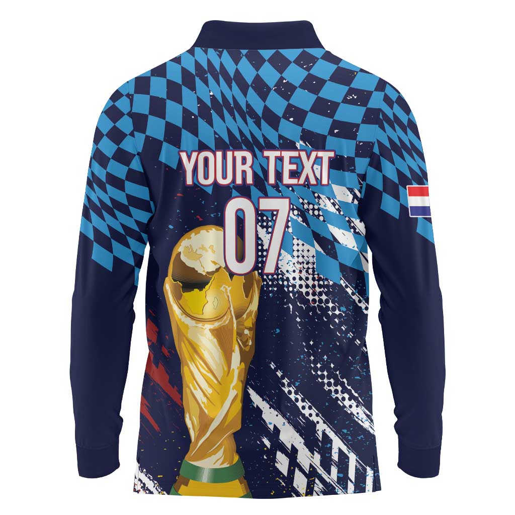 Croatia Football Custom WC2026 Blue Long Sleeve Polo Shirt Hrvatska Grunge Checkerboard - Wonder Print Shop