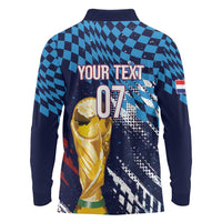 Croatia Football Custom WC2026 Blue Long Sleeve Polo Shirt Hrvatska Grunge Checkerboard - Wonder Print Shop