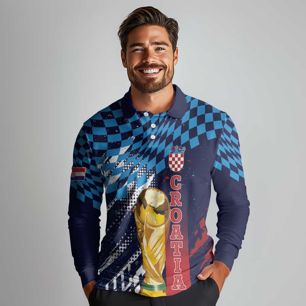 Croatia Football Custom WC2026 Blue Long Sleeve Polo Shirt Hrvatska Grunge Checkerboard - Wonder Print Shop