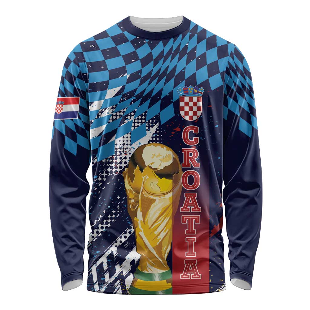 Croatia Football Custom WC2026 Blue Long Sleeve Shirt Hrvatska Grunge Checkerboard - Wonder Print Shop