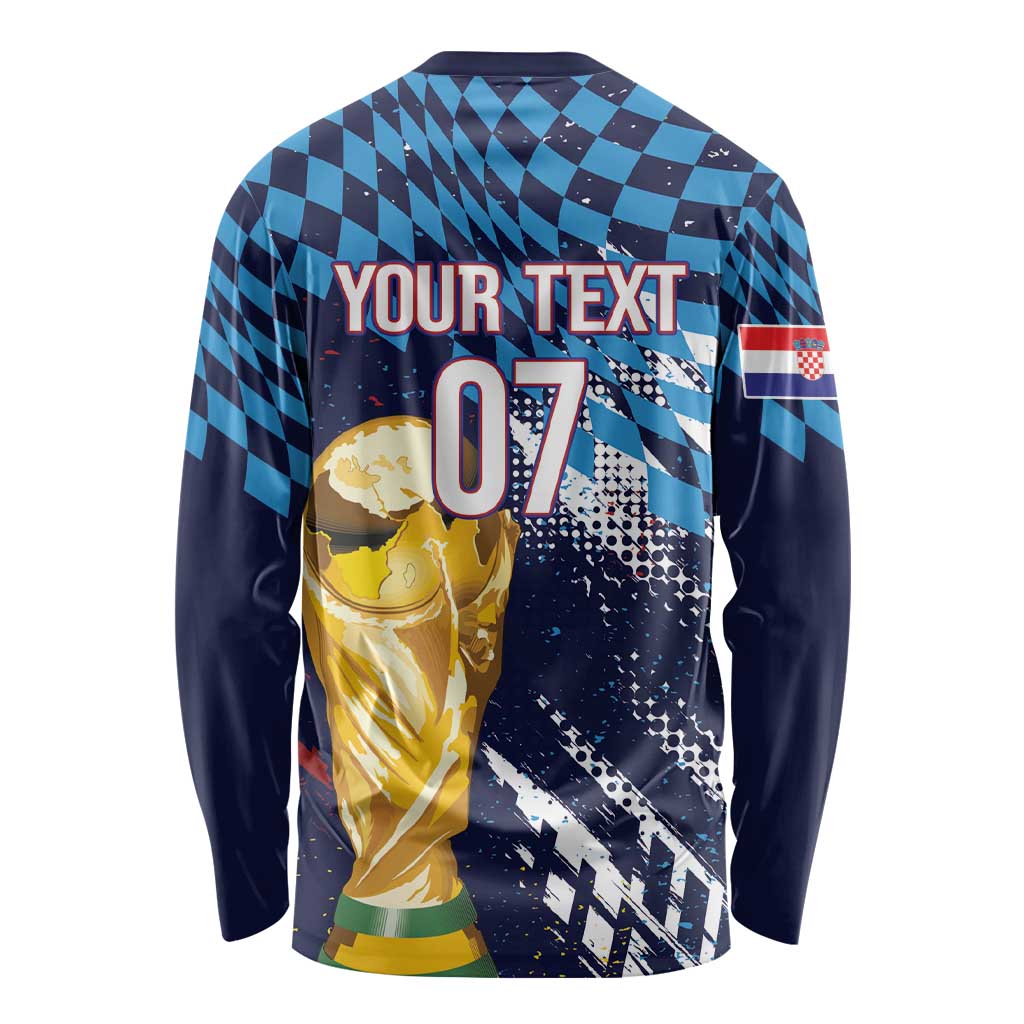 Croatia Football Custom WC2026 Blue Long Sleeve Shirt Hrvatska Grunge Checkerboard - Wonder Print Shop