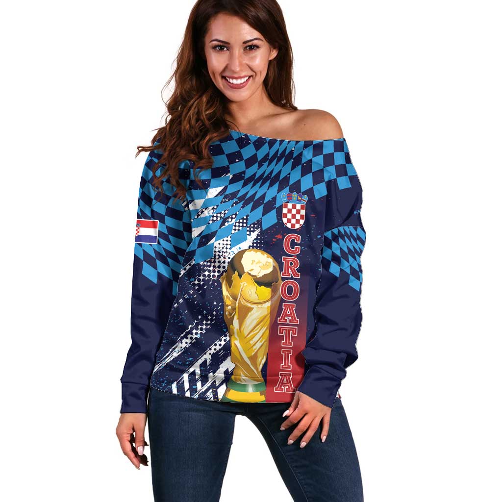 Croatia Football Custom WC2026 Blue Off Shoulder Sweater Hrvatska Grunge Checkerboard - Wonder Print Shop