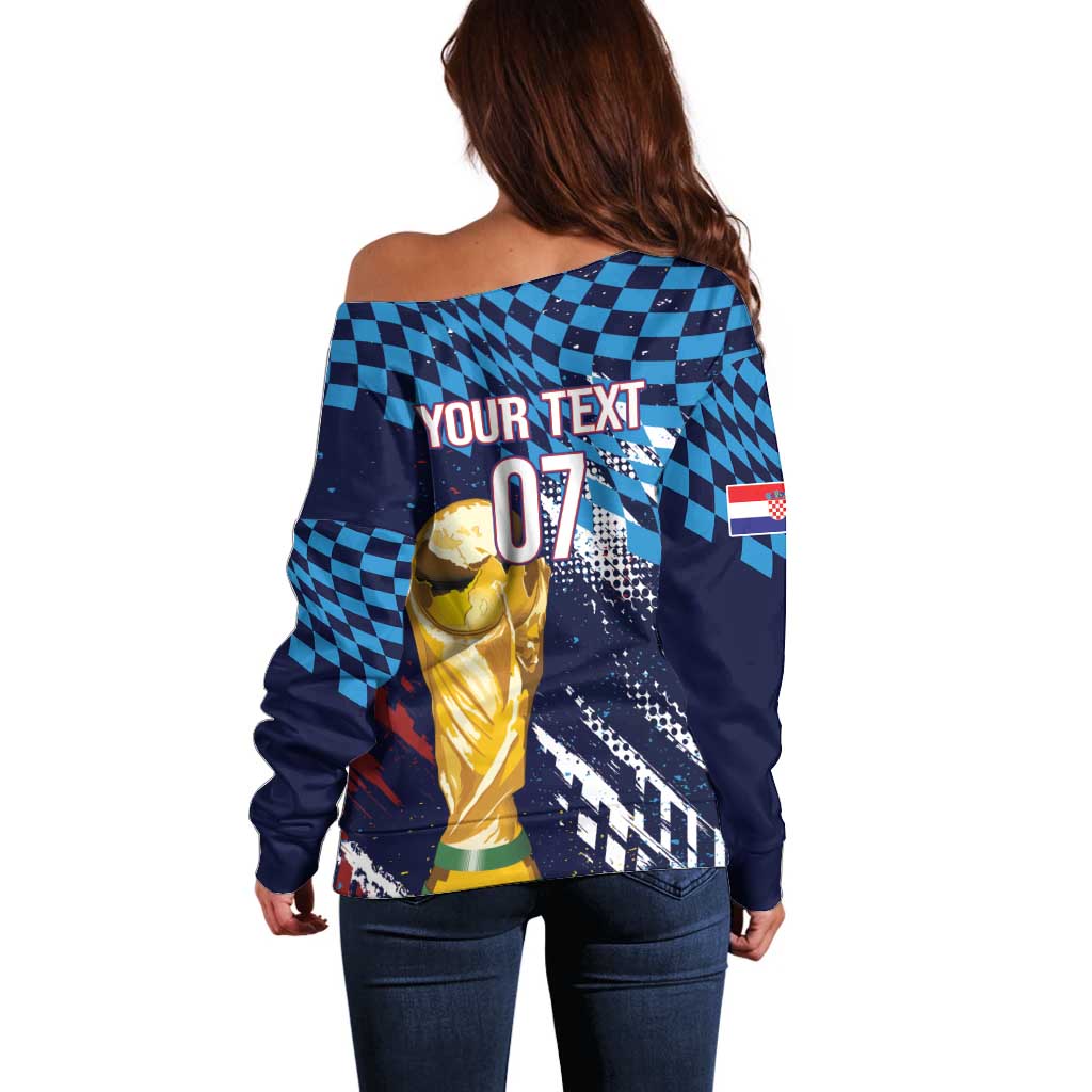 Croatia Football Custom WC2026 Blue Off Shoulder Sweater Hrvatska Grunge Checkerboard - Wonder Print Shop