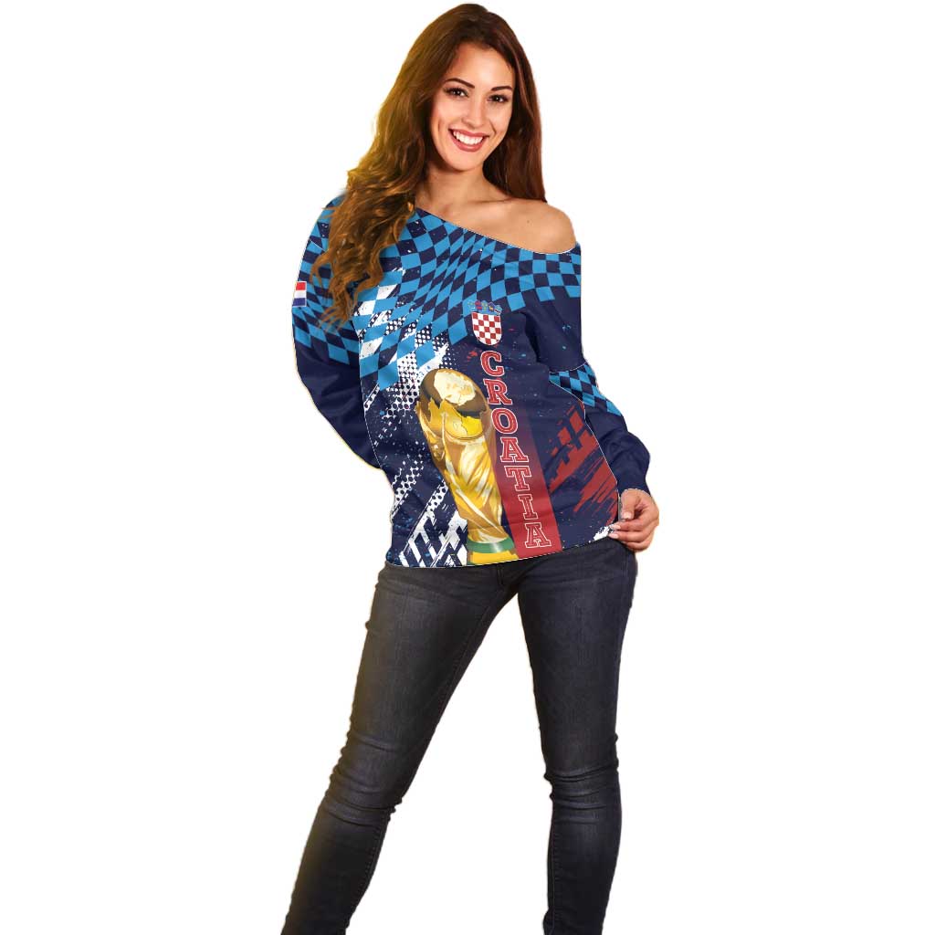Croatia Football Custom WC2026 Blue Off Shoulder Sweater Hrvatska Grunge Checkerboard - Wonder Print Shop