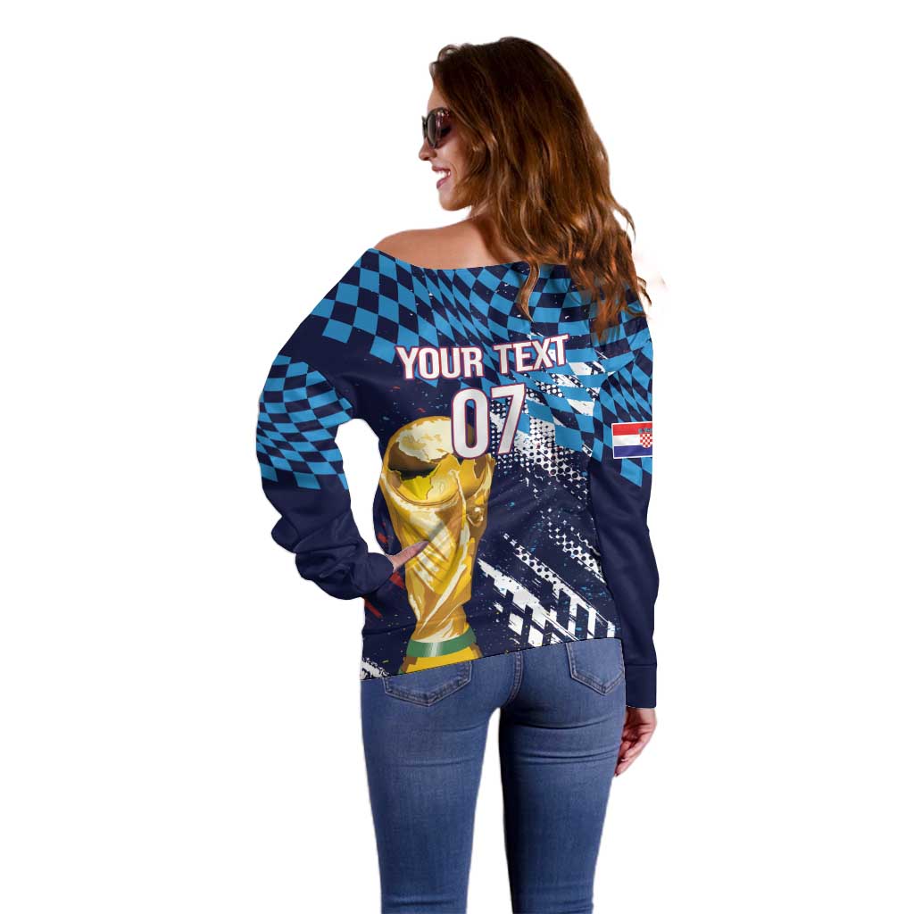 Croatia Football Custom WC2026 Blue Off Shoulder Sweater Hrvatska Grunge Checkerboard - Wonder Print Shop