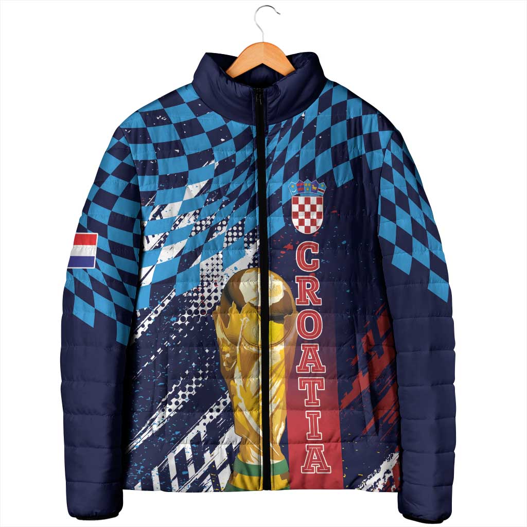 Croatia Football Custom WC2026 Blue Padded Jacket Hrvatska Grunge Checkerboard - Wonder Print Shop
