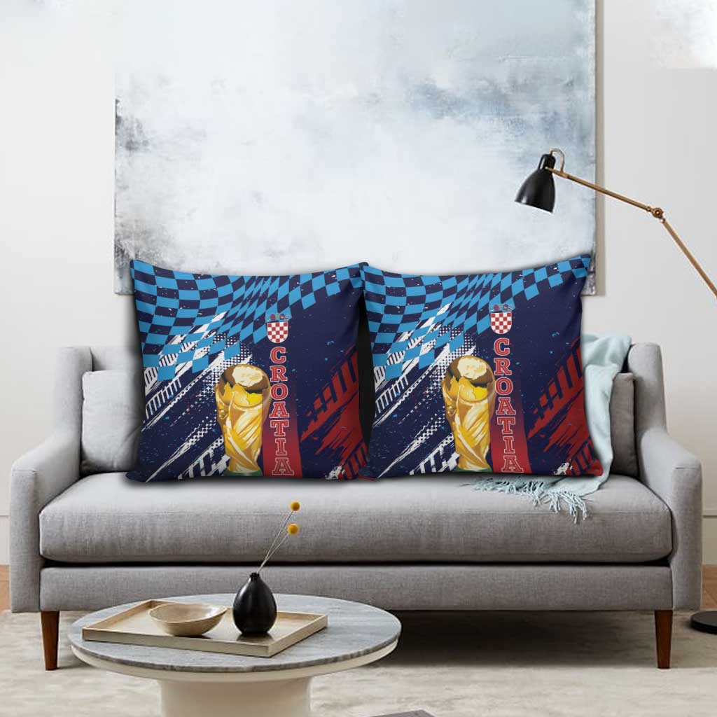 Croatia Football WC2026 Blue Pillow Cover Hrvatska Grunge Checkerboard - Wonder Print Shop