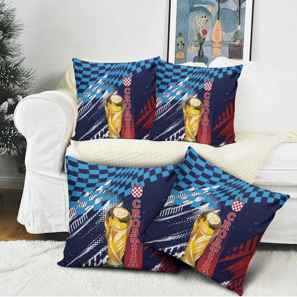 Croatia Football WC2026 Blue Pillow Cover Hrvatska Grunge Checkerboard - Wonder Print Shop