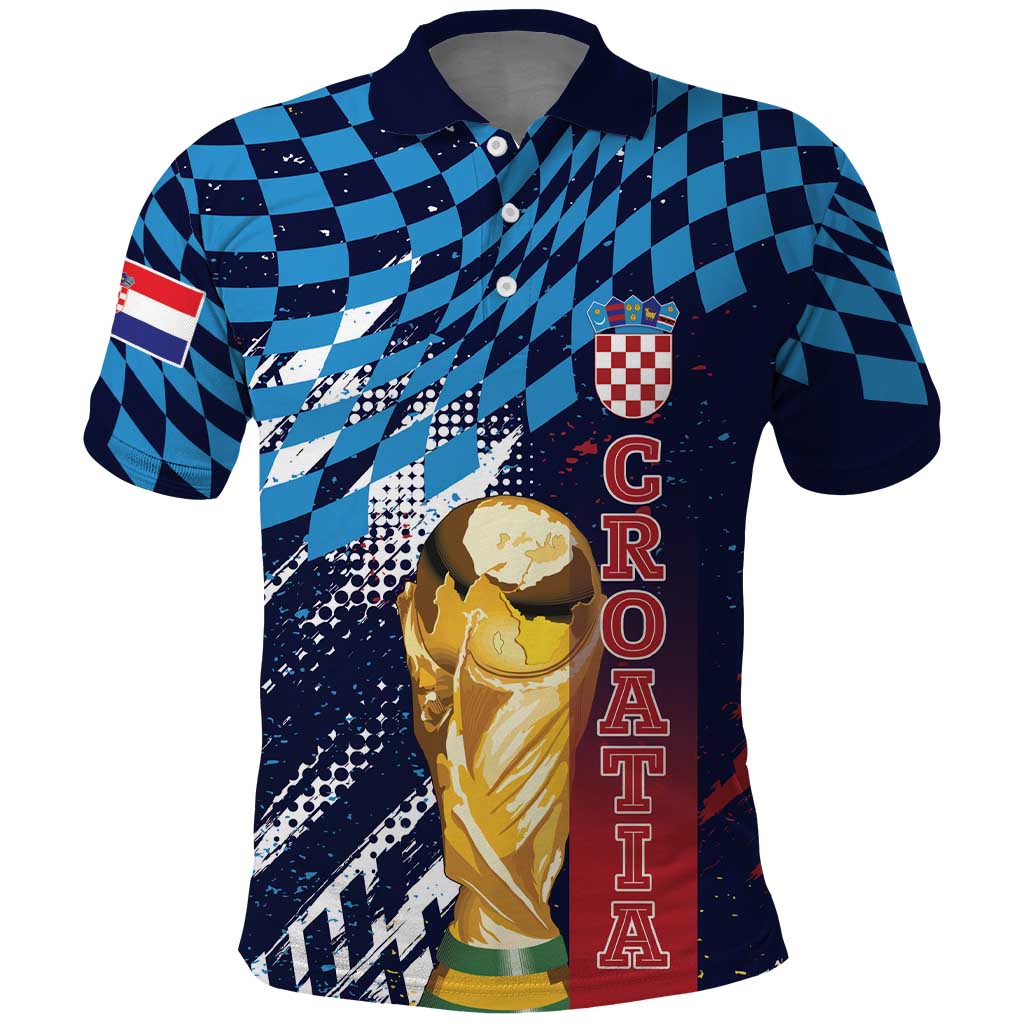 Croatia Football Custom WC2026 Blue Polo Shirt Hrvatska Grunge Checkerboard - Wonder Print Shop