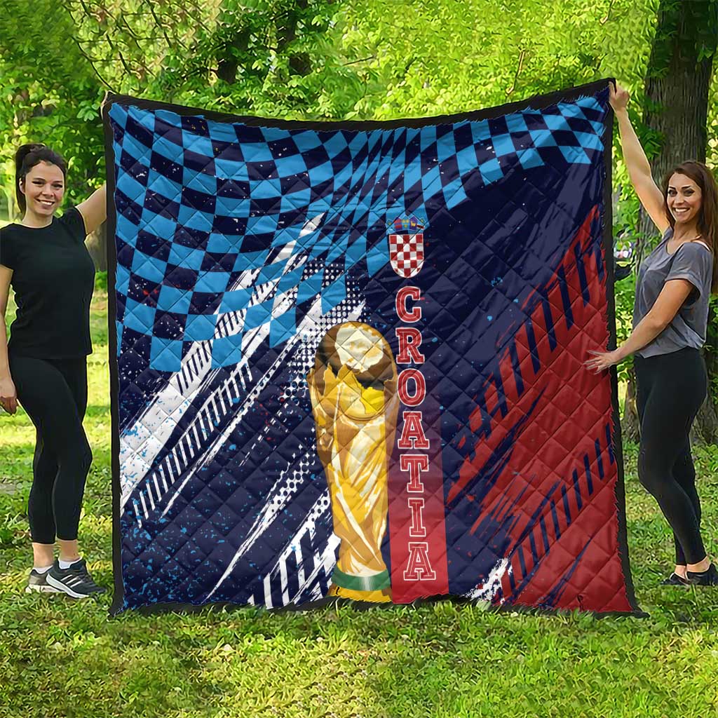Croatia Football WC2026 Blue Quilt Hrvatska Grunge Checkerboard - Wonder Print Shop