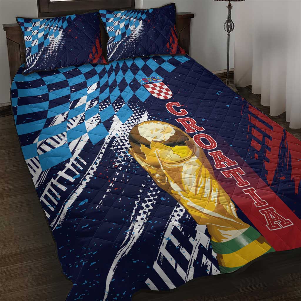 Croatia Football WC2026 Blue Quilt Bed Set Hrvatska Grunge Checkerboard - Wonder Print Shop