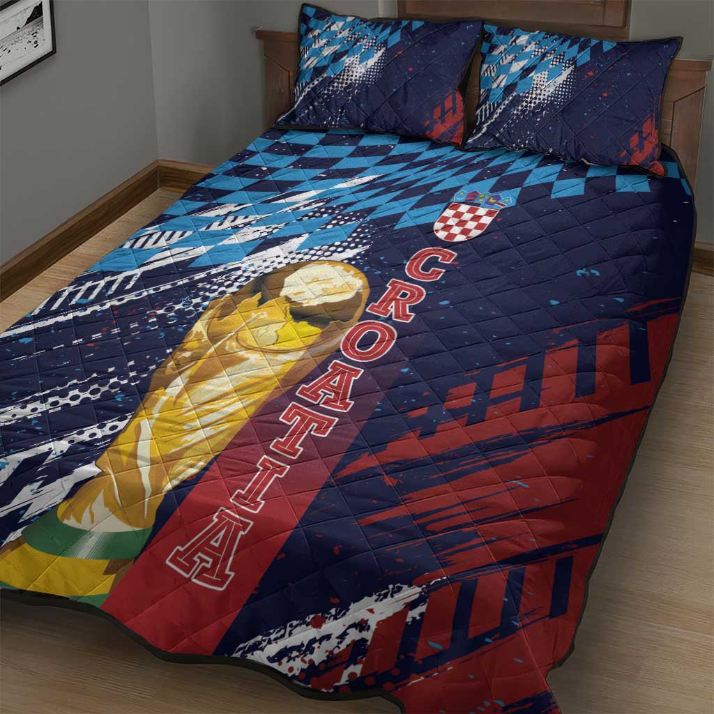 Croatia Football WC2026 Blue Quilt Bed Set Hrvatska Grunge Checkerboard - Wonder Print Shop