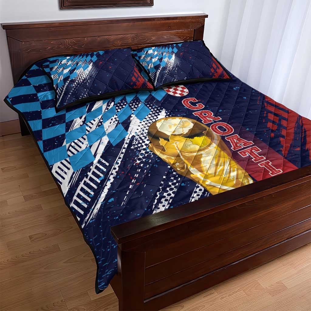 Croatia Football WC2026 Blue Quilt Bed Set Hrvatska Grunge Checkerboard - Wonder Print Shop