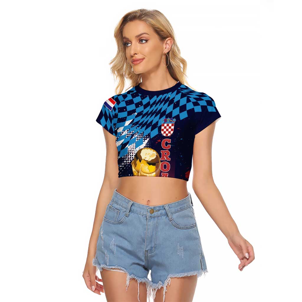 Croatia Football Custom WC2026 Blue Raglan Cropped T Shirt Hrvatska Grunge Checkerboard - Wonder Print Shop