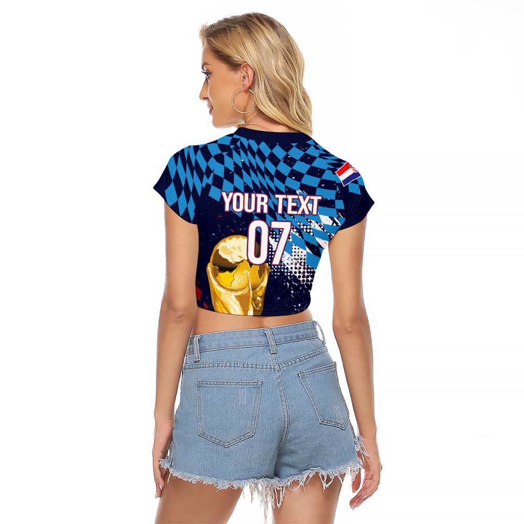 Croatia Football Custom WC2026 Blue Raglan Cropped T Shirt Hrvatska Grunge Checkerboard - Wonder Print Shop