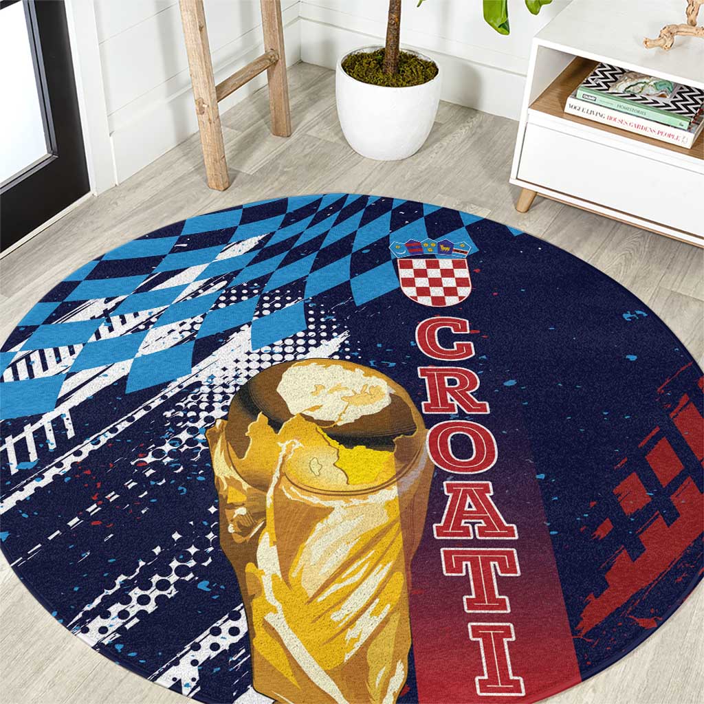 Croatia Football WC2026 Blue Round Carpet Hrvatska Grunge Checkerboard - Wonder Print Shop