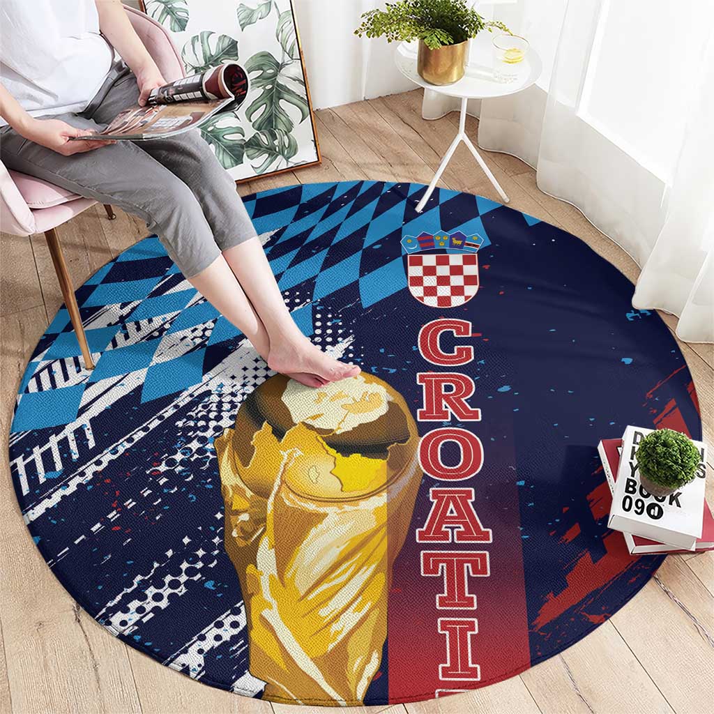 Croatia Football WC2026 Blue Round Carpet Hrvatska Grunge Checkerboard - Wonder Print Shop