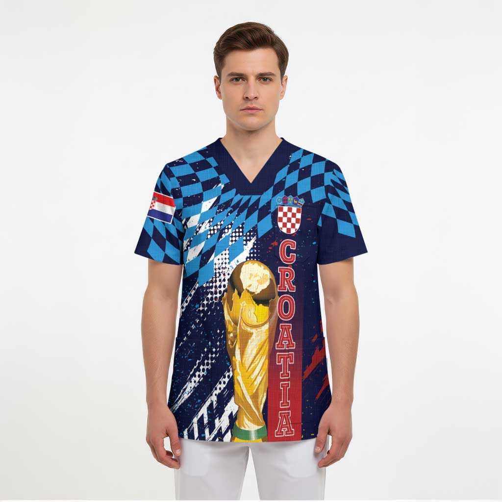 Croatia Football Custom WC2026 Blue Scrub Top Hrvatska Grunge Checkerboard - Wonder Print Shop