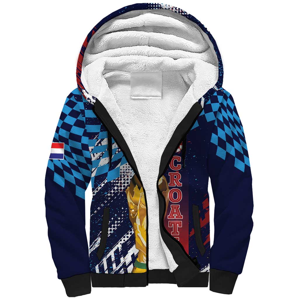 Croatia Football Custom WC2026 Blue Sherpa Hoodie Hrvatska Grunge Checkerboard - Wonder Print Shop