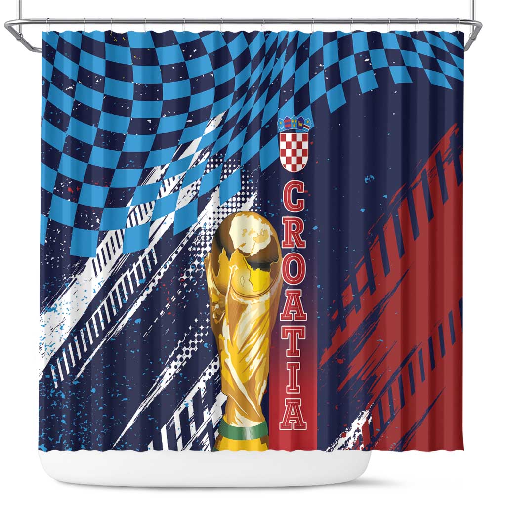 Croatia Football WC2026 Blue Shower Curtain Hrvatska Grunge Checkerboard - Wonder Print Shop