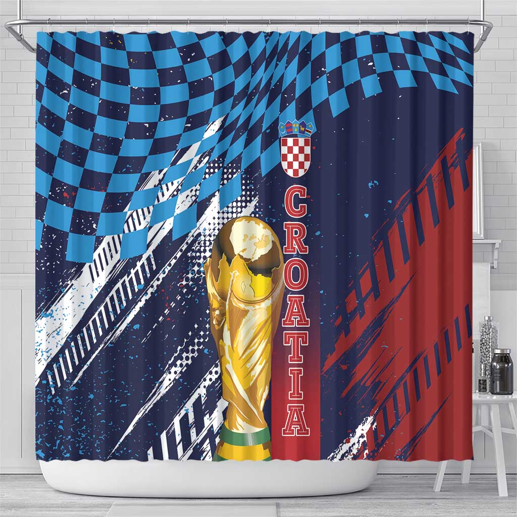 Croatia Football WC2026 Blue Shower Curtain Hrvatska Grunge Checkerboard - Wonder Print Shop