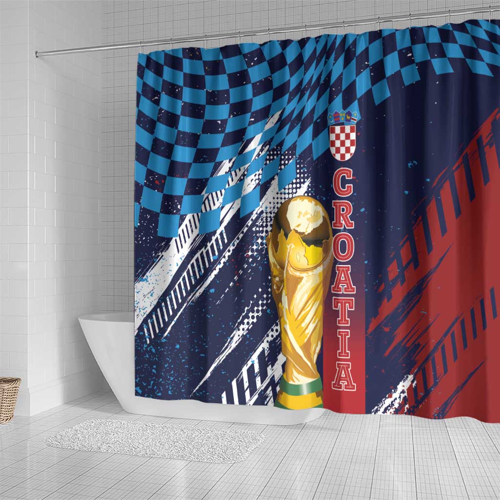 Croatia Football WC2026 Blue Shower Curtain Hrvatska Grunge Checkerboard - Wonder Print Shop