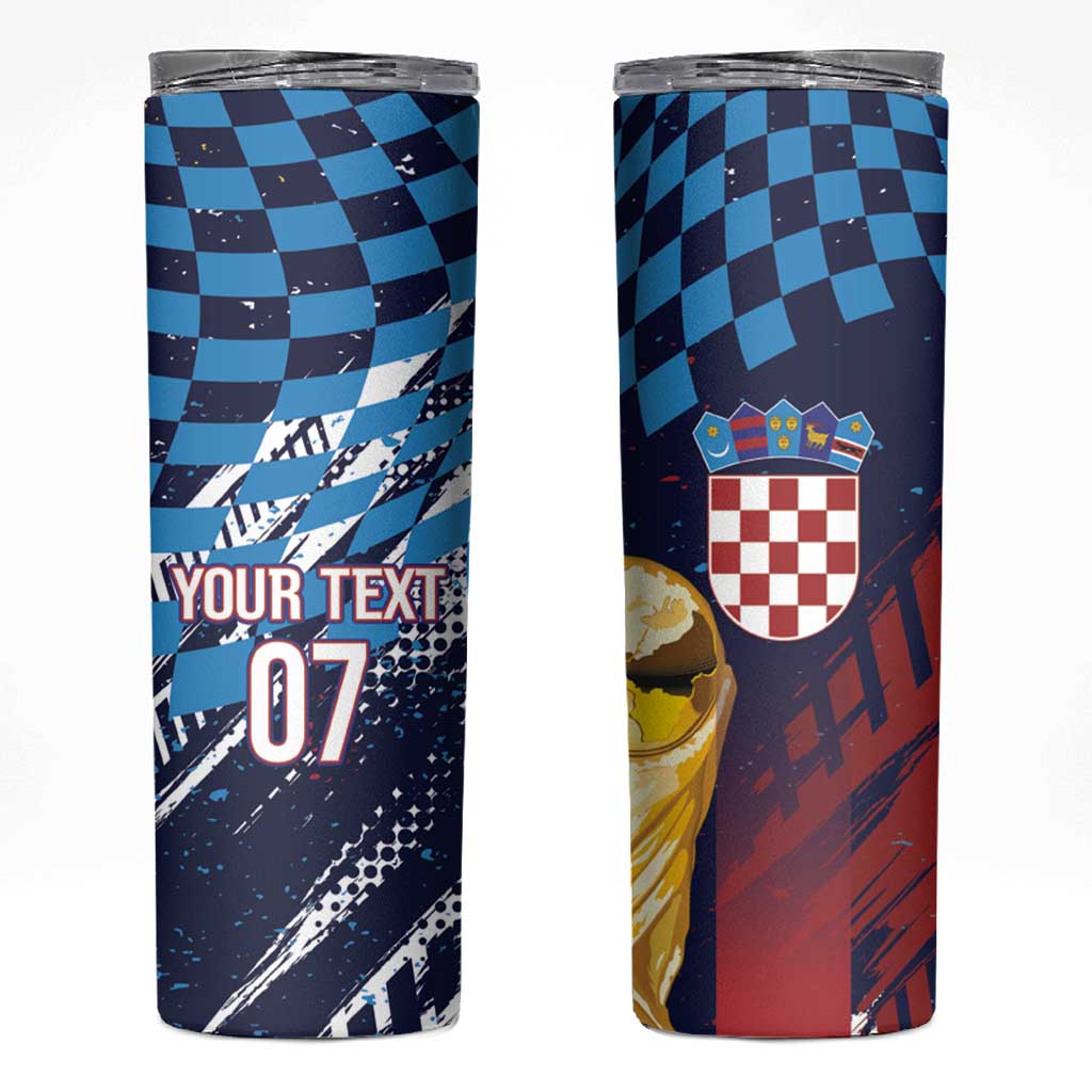 Croatia Football Custom WC2026 Blue Skinny Tumbler Hrvatska Grunge Checkerboard - Wonder Print Shop