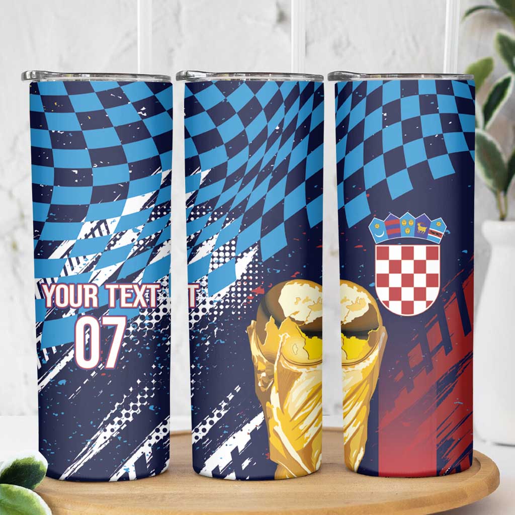 Croatia Football Custom WC2026 Blue Skinny Tumbler Hrvatska Grunge Checkerboard - Wonder Print Shop