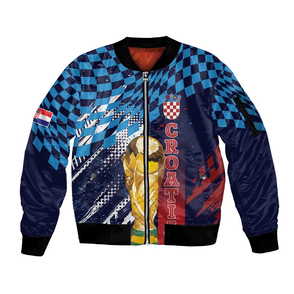Croatia Football Custom WC2026 Blue Sleeve Zip Bomber Jacket Hrvatska Grunge Checkerboard - Wonder Print Shop