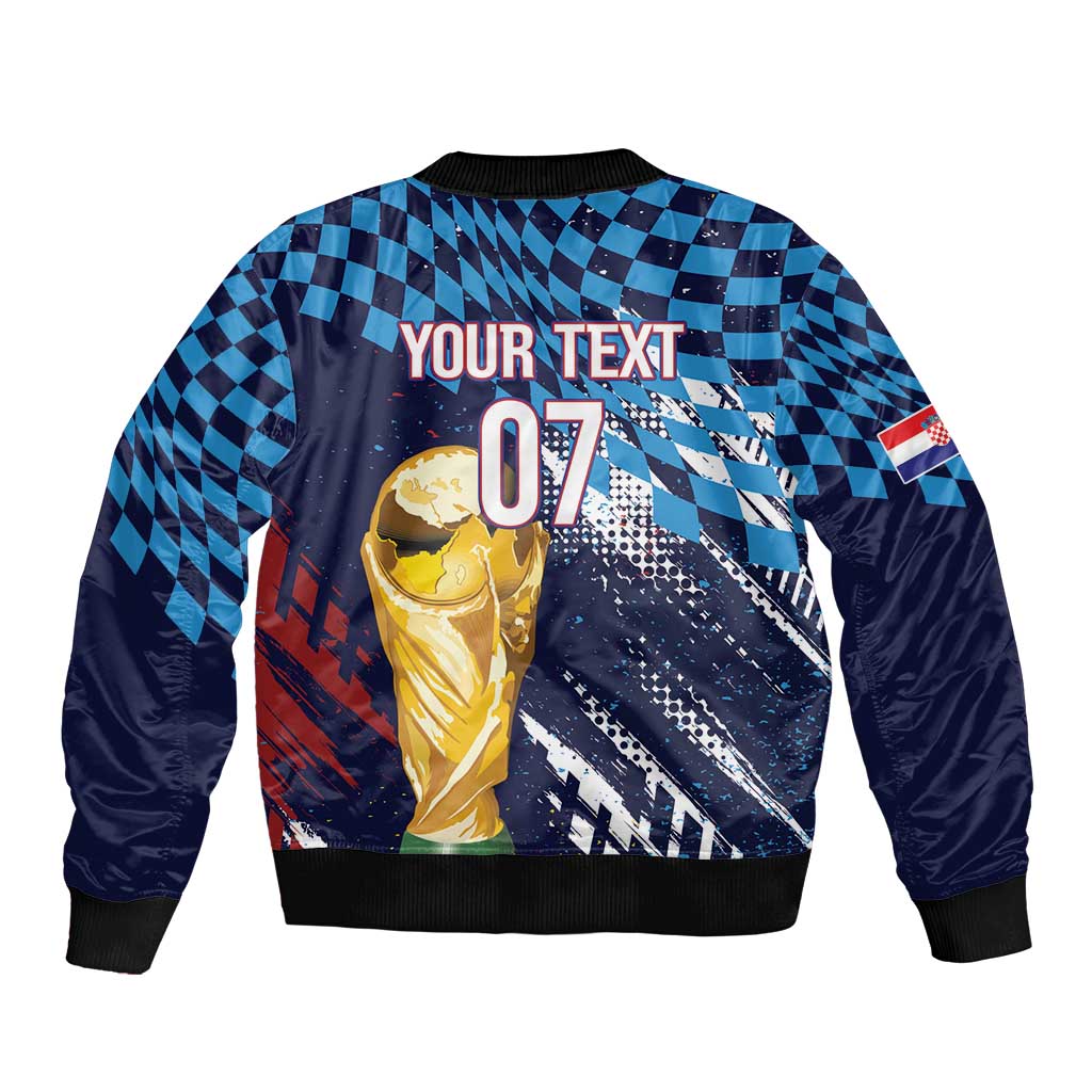Croatia Football Custom WC2026 Blue Sleeve Zip Bomber Jacket Hrvatska Grunge Checkerboard - Wonder Print Shop