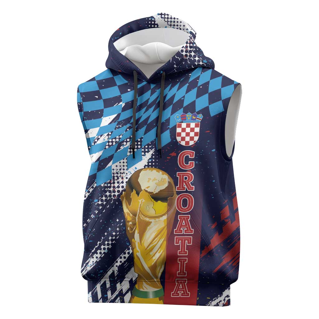 Croatia Football Custom WC2026 Blue Sleeveless Hoodie Hrvatska Grunge Checkerboard - Wonder Print Shop