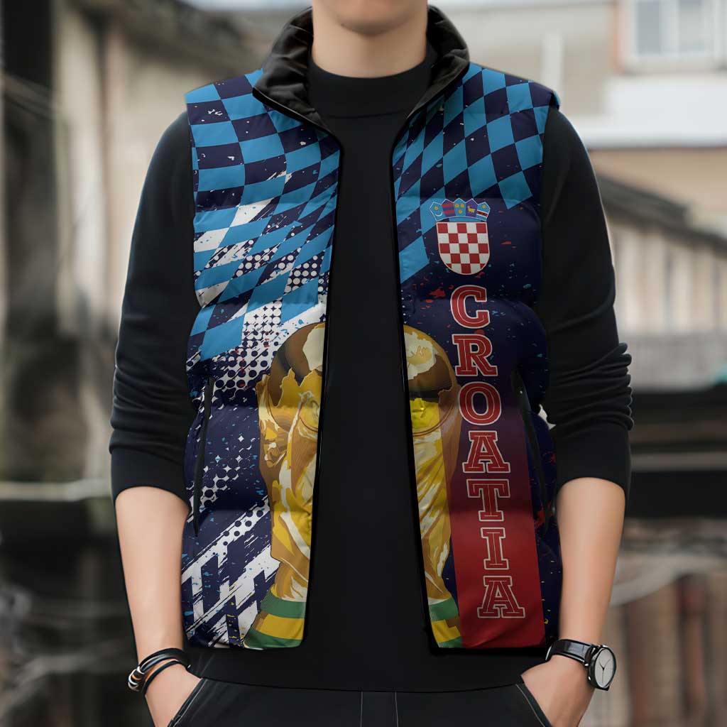 Croatia Football Custom WC2026 Blue Sleeveless Puffer Jacket Hrvatska Grunge Checkerboard - Wonder Print Shop