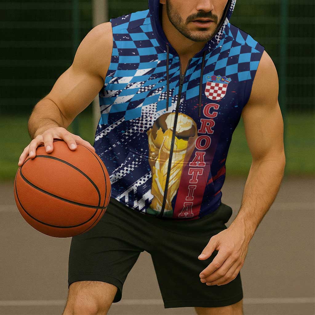 Croatia Football Custom WC2026 Blue Sleeveless Zip Hoodie Hrvatska Grunge Checkerboard - Wonder Print Shop