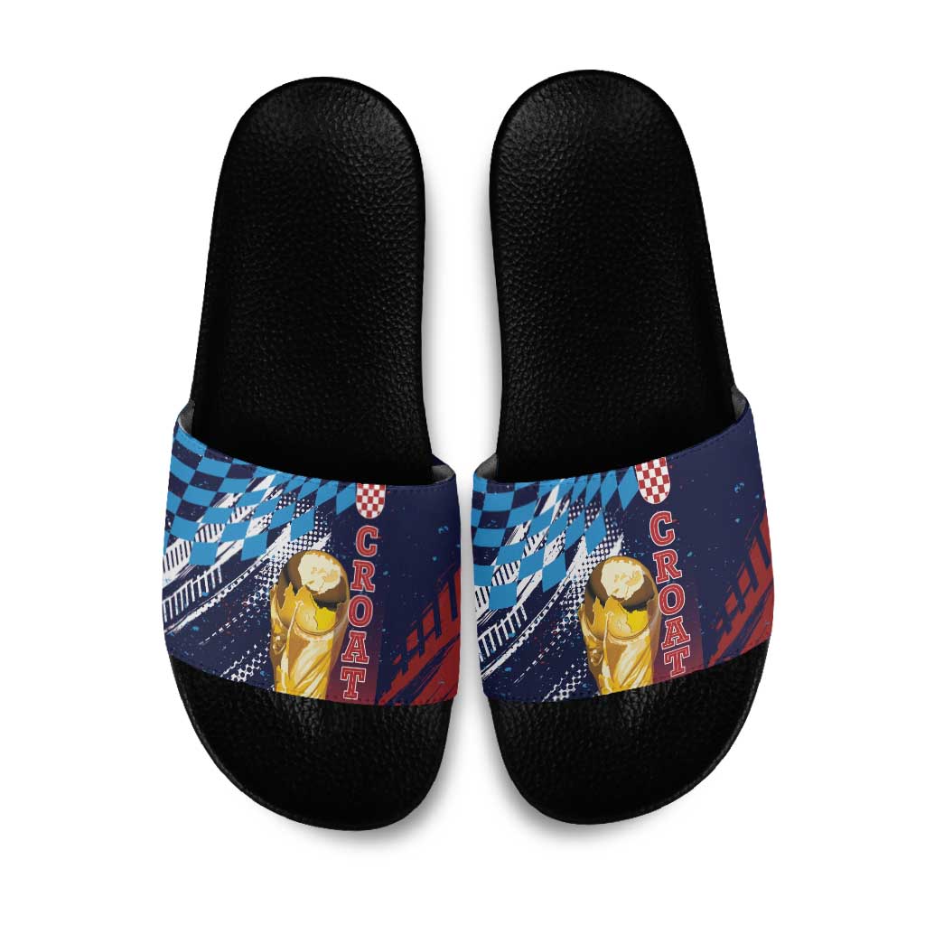 Croatia Football WC2026 Blue Slide Sandals Hrvatska Grunge Checkerboard - Wonder Print Shop