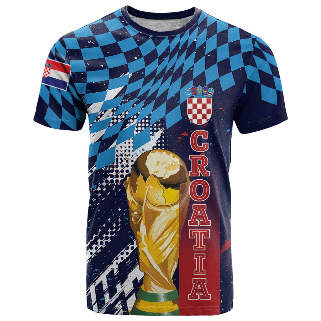 Croatia Football Custom WC2026 Blue T Shirt Hrvatska Grunge Checkerboard - Wonder Print Shop