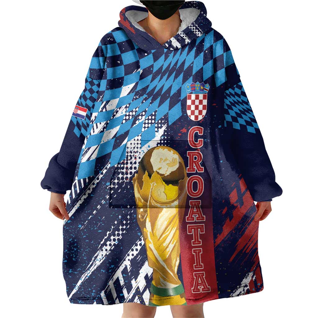 Croatia Football Custom WC2026 Blue Wearable Blanket Hoodie Hrvatska Grunge Checkerboard - Wonder Print Shop