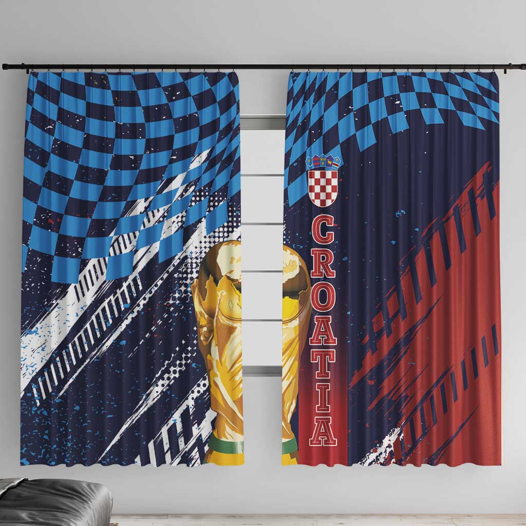 Croatia Football WC2026 Blue Window Curtain Hrvatska Grunge Checkerboard - Wonder Print Shop