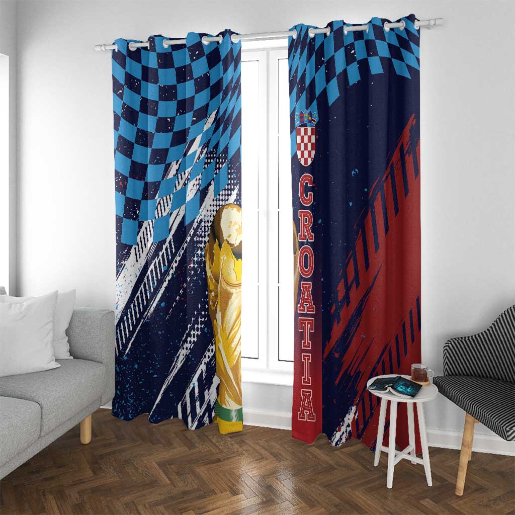 Croatia Football WC2026 Blue Window Curtain Hrvatska Grunge Checkerboard - Wonder Print Shop