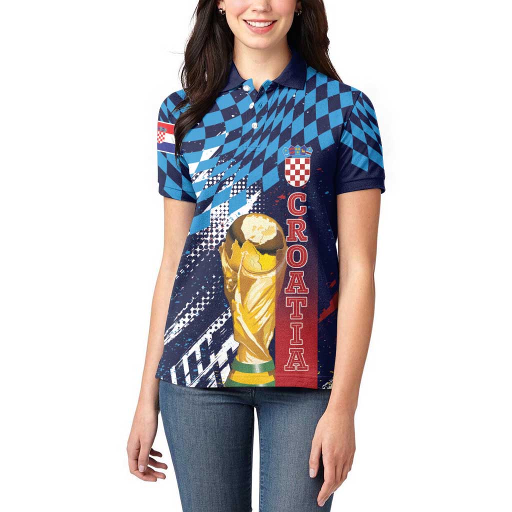 Croatia Football Custom WC2026 Blue Women Polo Shirt Hrvatska Grunge Checkerboard - Wonder Print Shop