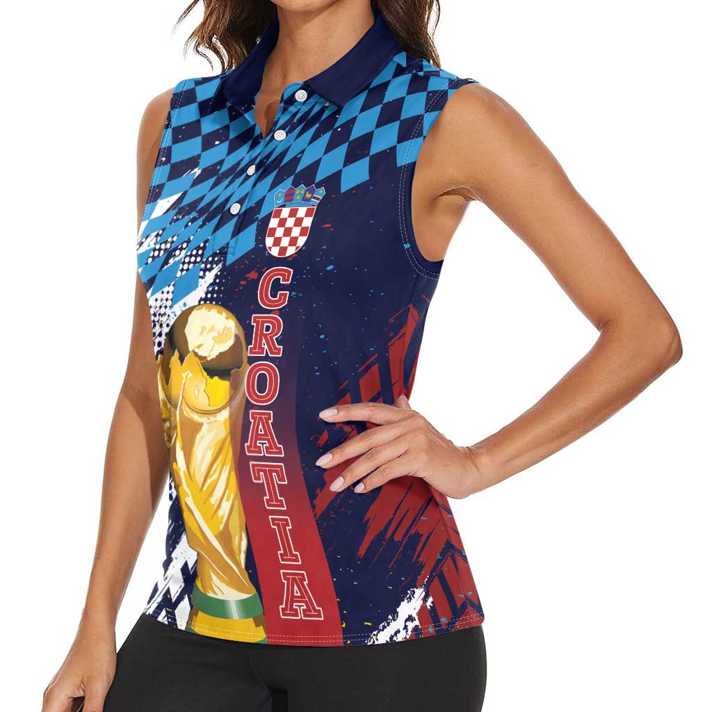 Croatia Football Custom WC2026 Blue Women Sleeveless Polo Shirt Hrvatska Grunge Checkerboard - Wonder Print Shop